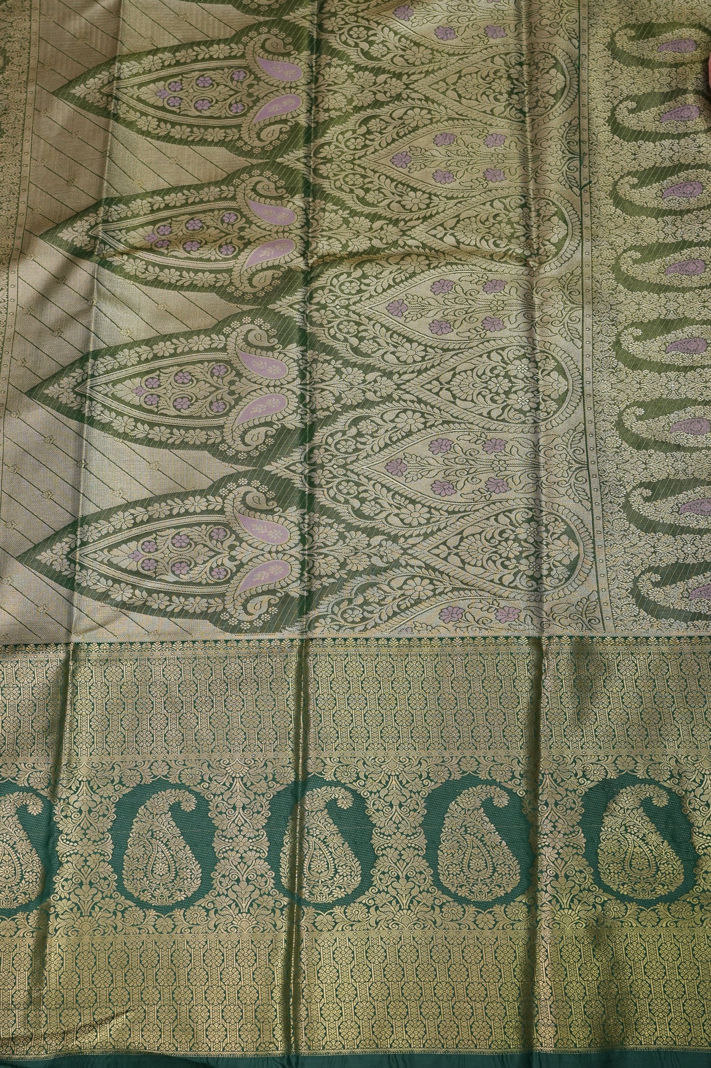 Champagne Gold Semi Silk Saree with Leaf Green Contrast Border & Pallu