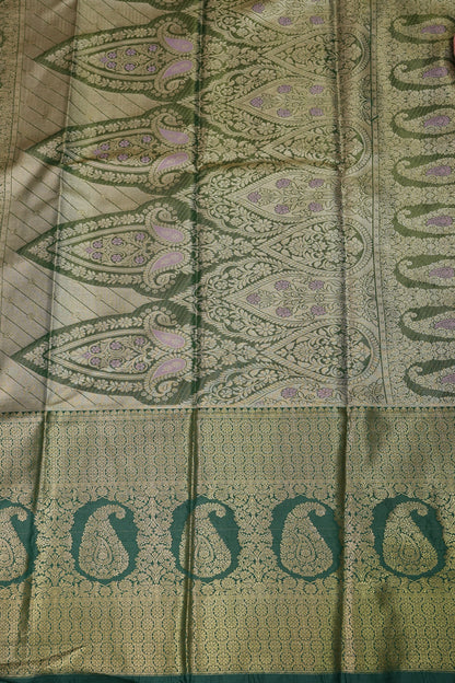 Champagne Gold Semi Silk Saree with Leaf Green Contrast Border & Pallu