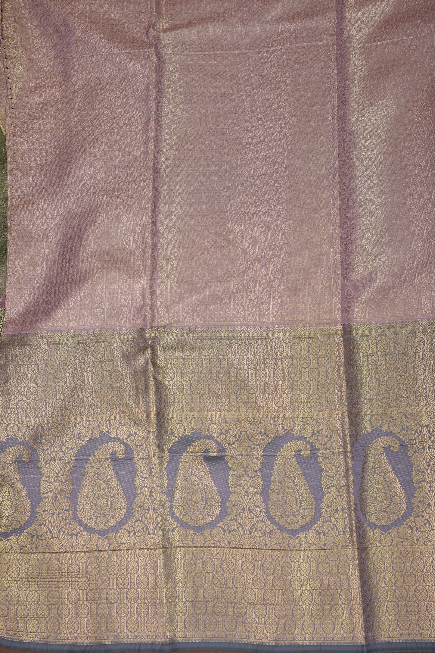 Champagne Gold Semi Silk Saree with Leaf Green Contrast Border & Pallu