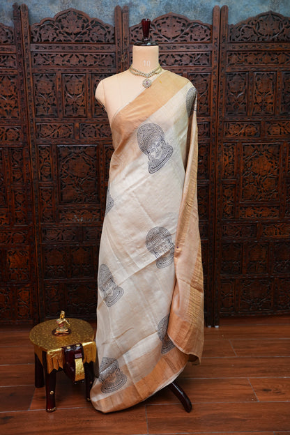 Pure Tussar Silk Saree with Traditional Block Prints – Natural Beige | Silk Mark Certified