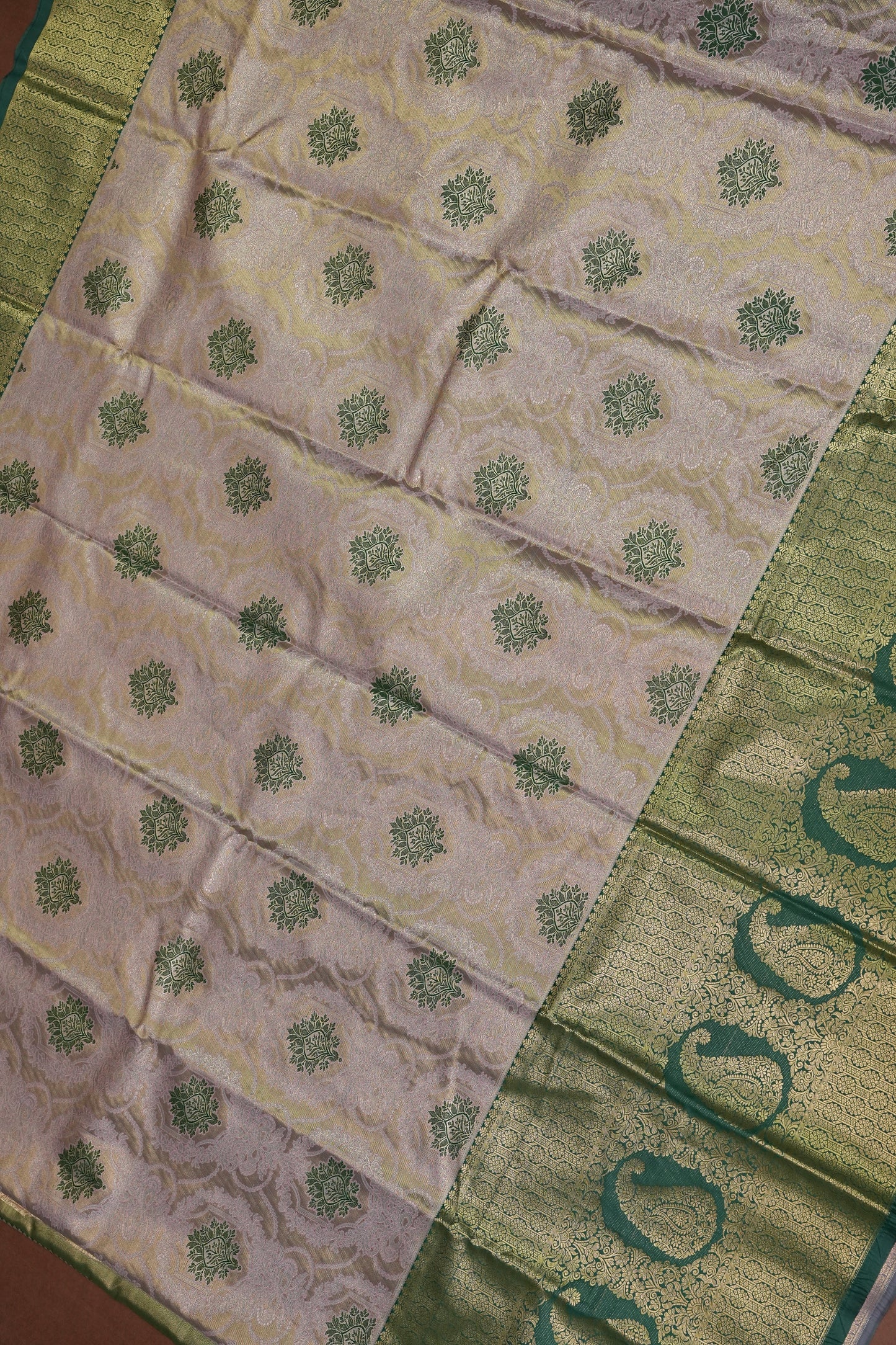 Champagne Gold Semi Silk Saree with Leaf Green Contrast Border & Pallu