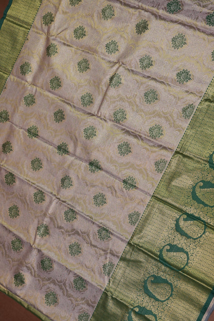 Champagne Gold Semi Silk Saree with Leaf Green Contrast Border & Pallu