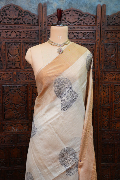 Pure Tussar Silk Saree with Traditional Block Prints – Natural Beige | Silk Mark Certified