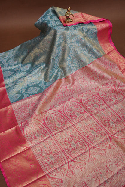 Cool Blue Semi Silk Saree with Vibrant Pink Zari Border
