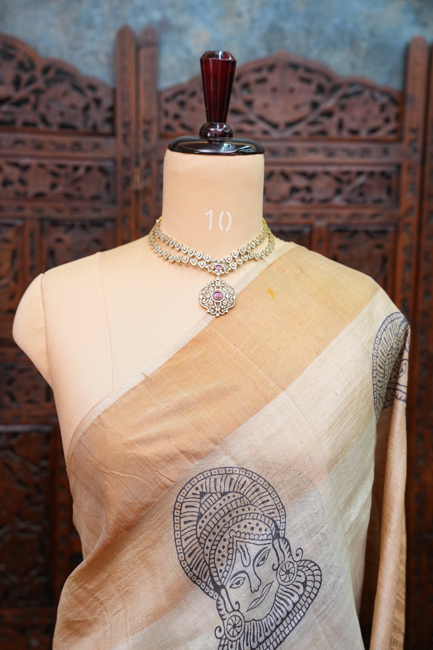 Pure Tussar Silk Saree with Traditional Block Prints – Natural Beige | Silk Mark Certified