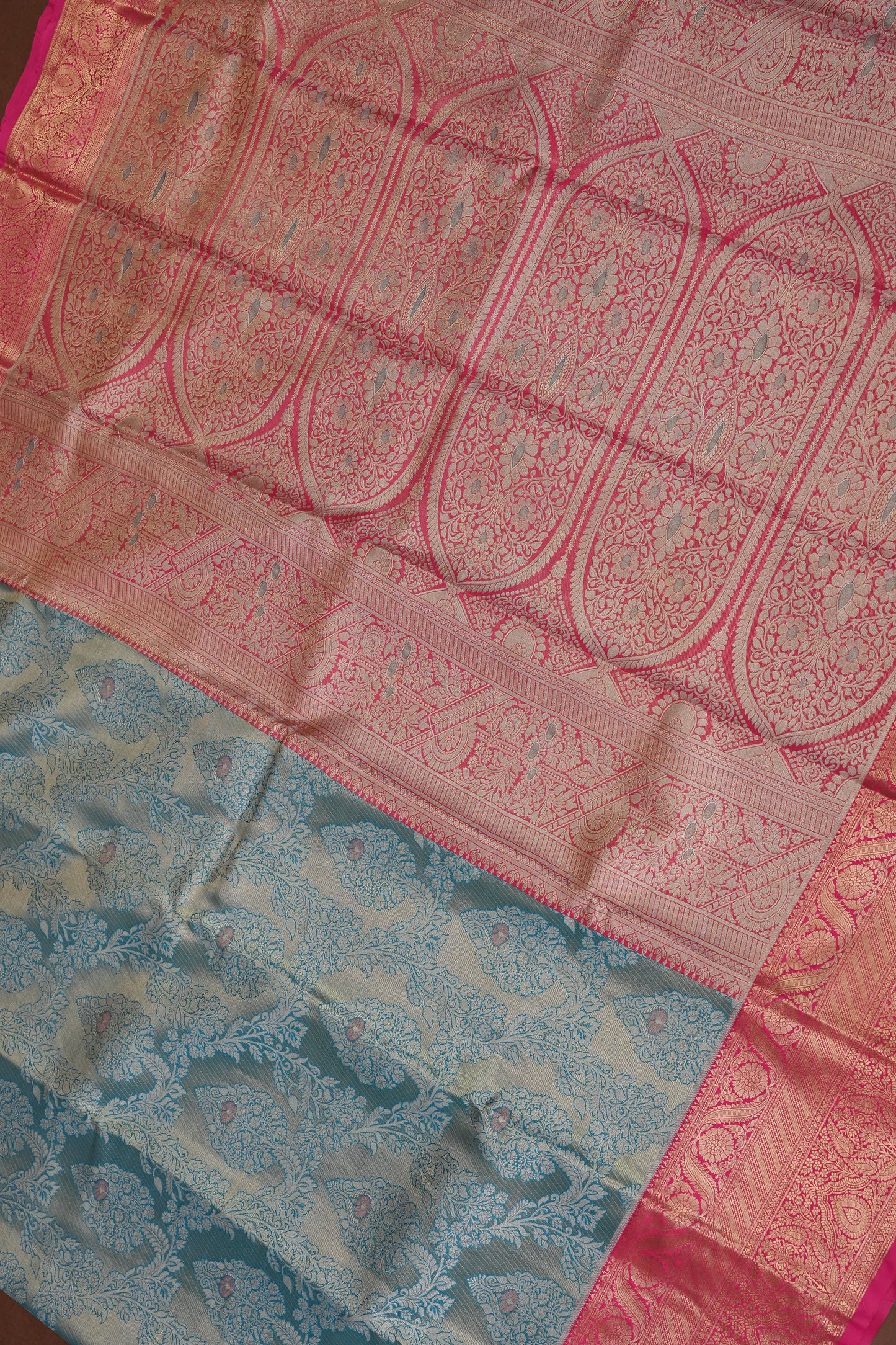 Cool Blue Semi Silk Saree with Vibrant Pink Zari Border