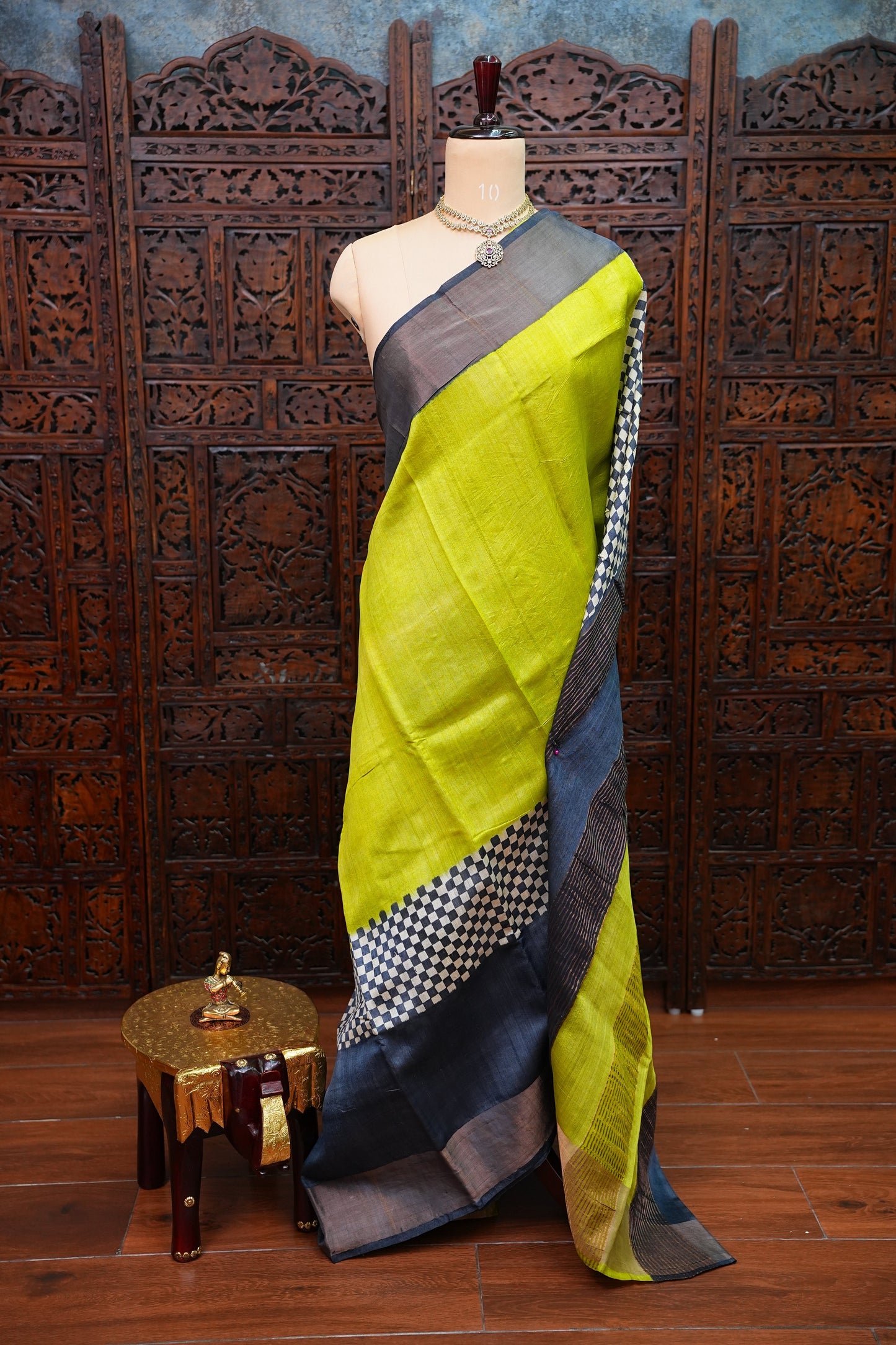 Pure Tussar Silk Saree with Traditional Block Prints – Lime Green & Navy Blue | Silk Mark Certified