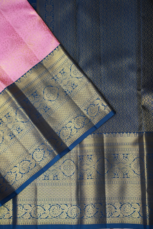 Candy Pink & Peacock Blue Pure Kanchipuram Silk with 2 Gram Gold Zari Weave|Silk Mark Certified