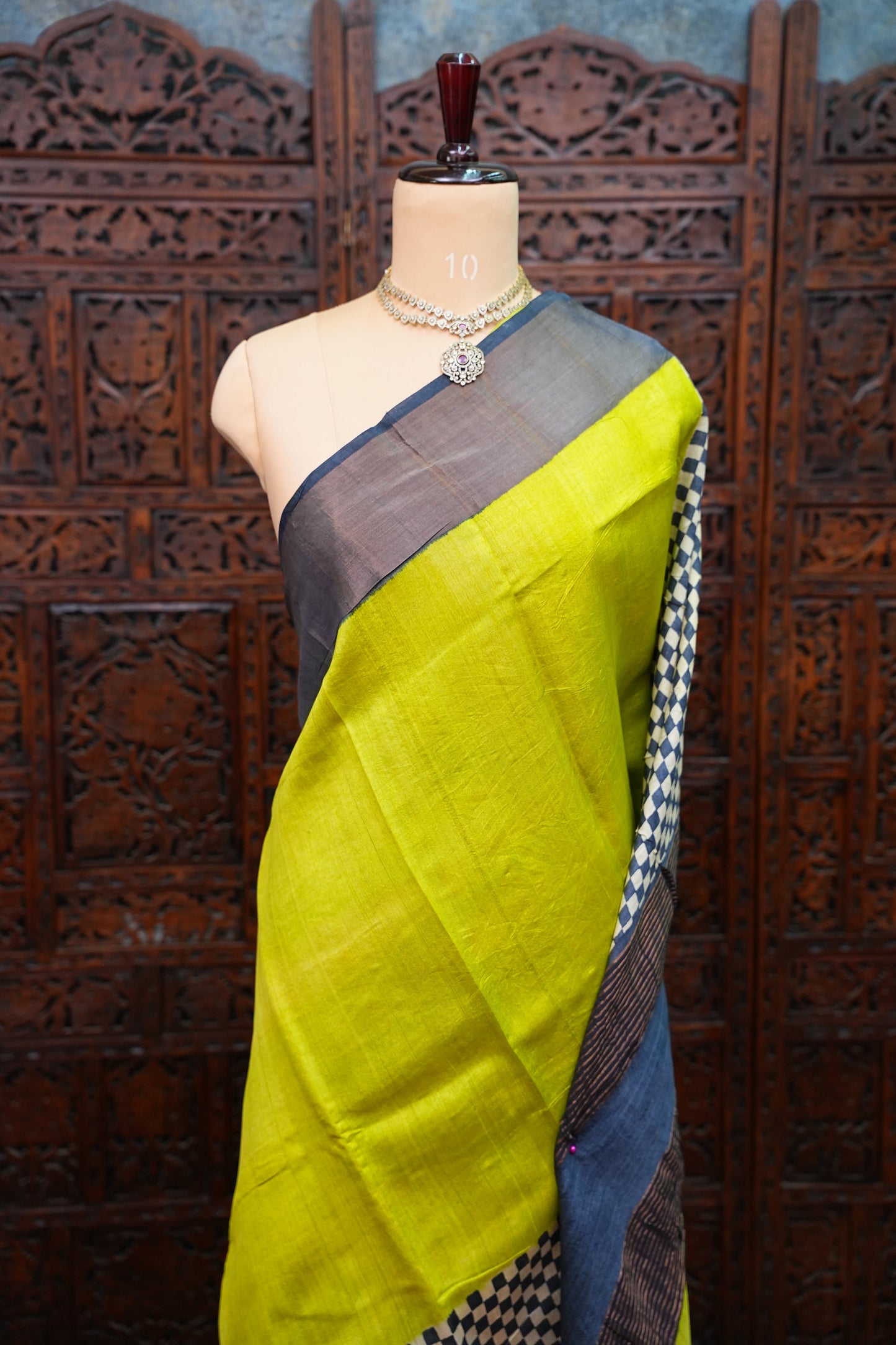 Pure Tussar Silk Saree with Traditional Block Prints – Lime Green & Navy Blue | Silk Mark Certified