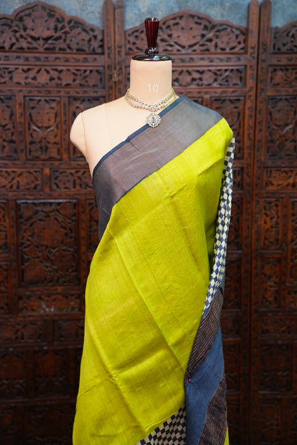 Pure Tussar Silk Saree with Traditional Block Prints – Lime Green & Navy Blue | Silk Mark Certified