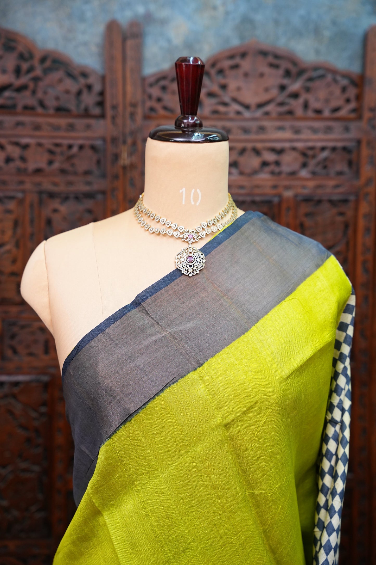 Pure Tussar Silk Saree with Traditional Block Prints – Lime Green & Navy Blue | Silk Mark Certified