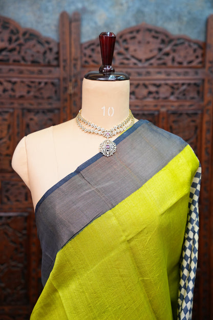 Pure Tussar Silk Saree with Traditional Block Prints – Lime Green & Navy Blue | Silk Mark Certified