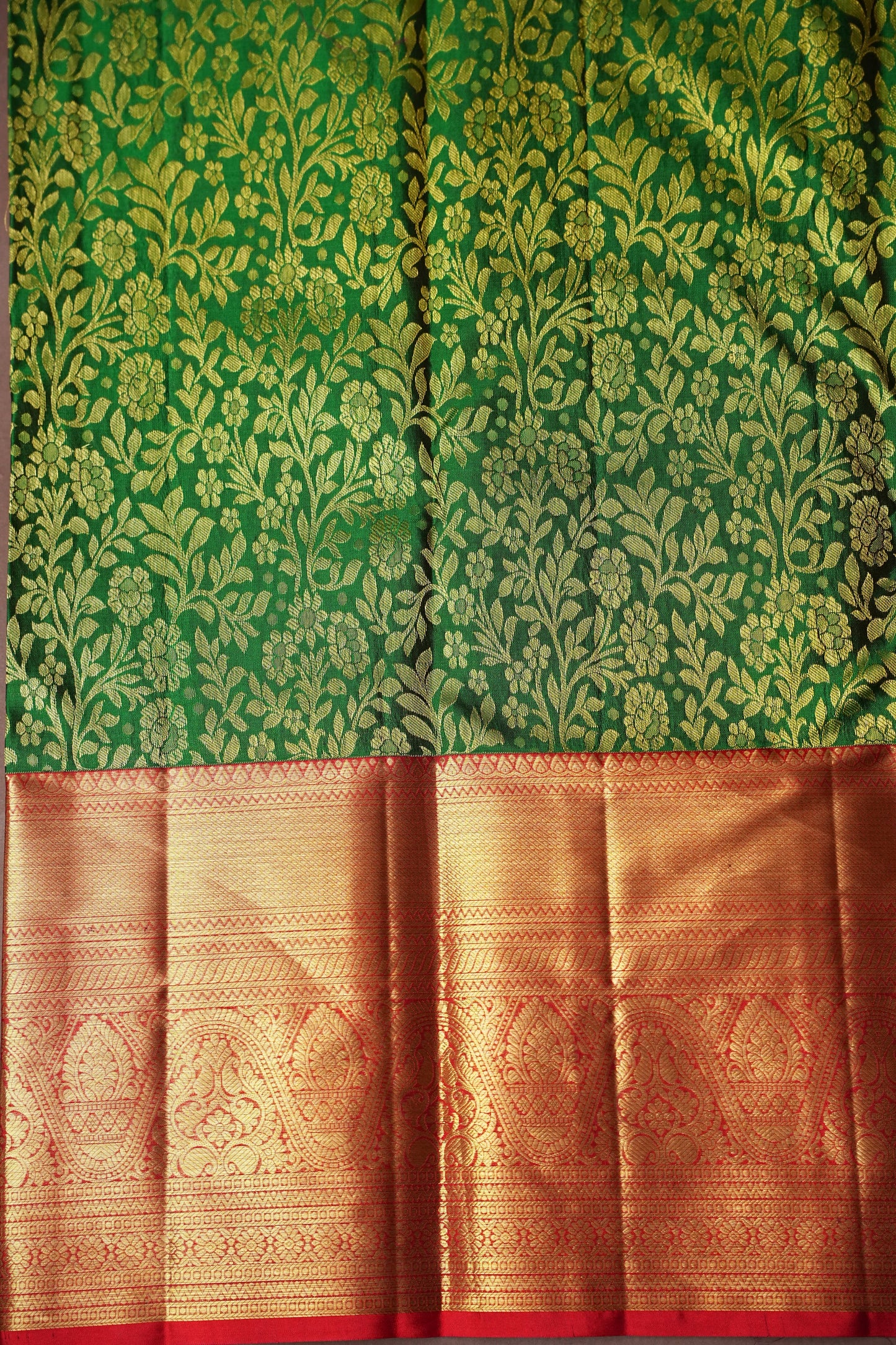 Emerald Green & Red Pure Kanchipuram Silk with 1 Gram Zari Weave|Silk Mark Certified