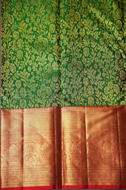 Emerald Green & Red Pure Kanchipuram Silk with 1 Gram Zari Weave|Silk Mark Certified