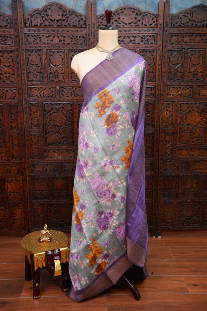 Pure Tussar Silk Saree with Floral Digital Print – Sage Green & Purple | Silk Mark Certified
