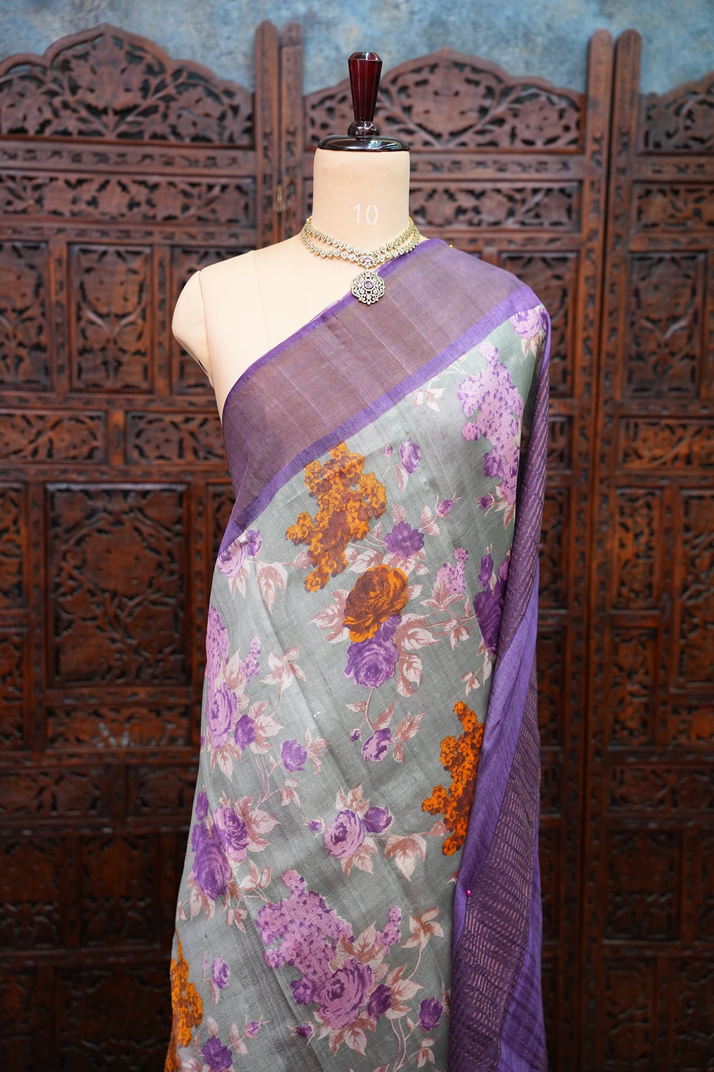 Pure Tussar Silk Saree with Floral Digital Print – Sage Green & Purple | Silk Mark Certified
