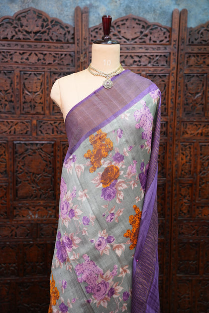 Pure Tussar Silk Saree with Floral Digital Print – Sage Green & Purple | Silk Mark Certified