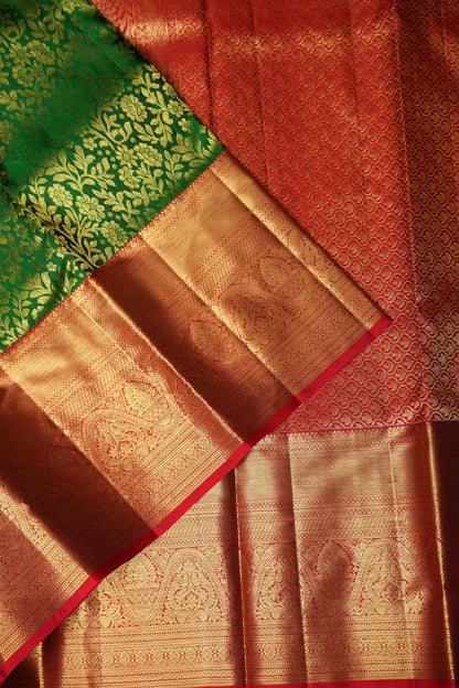 Emerald Green & Red Pure Kanchipuram Silk with 1 Gram Zari Weave|Silk Mark Certified