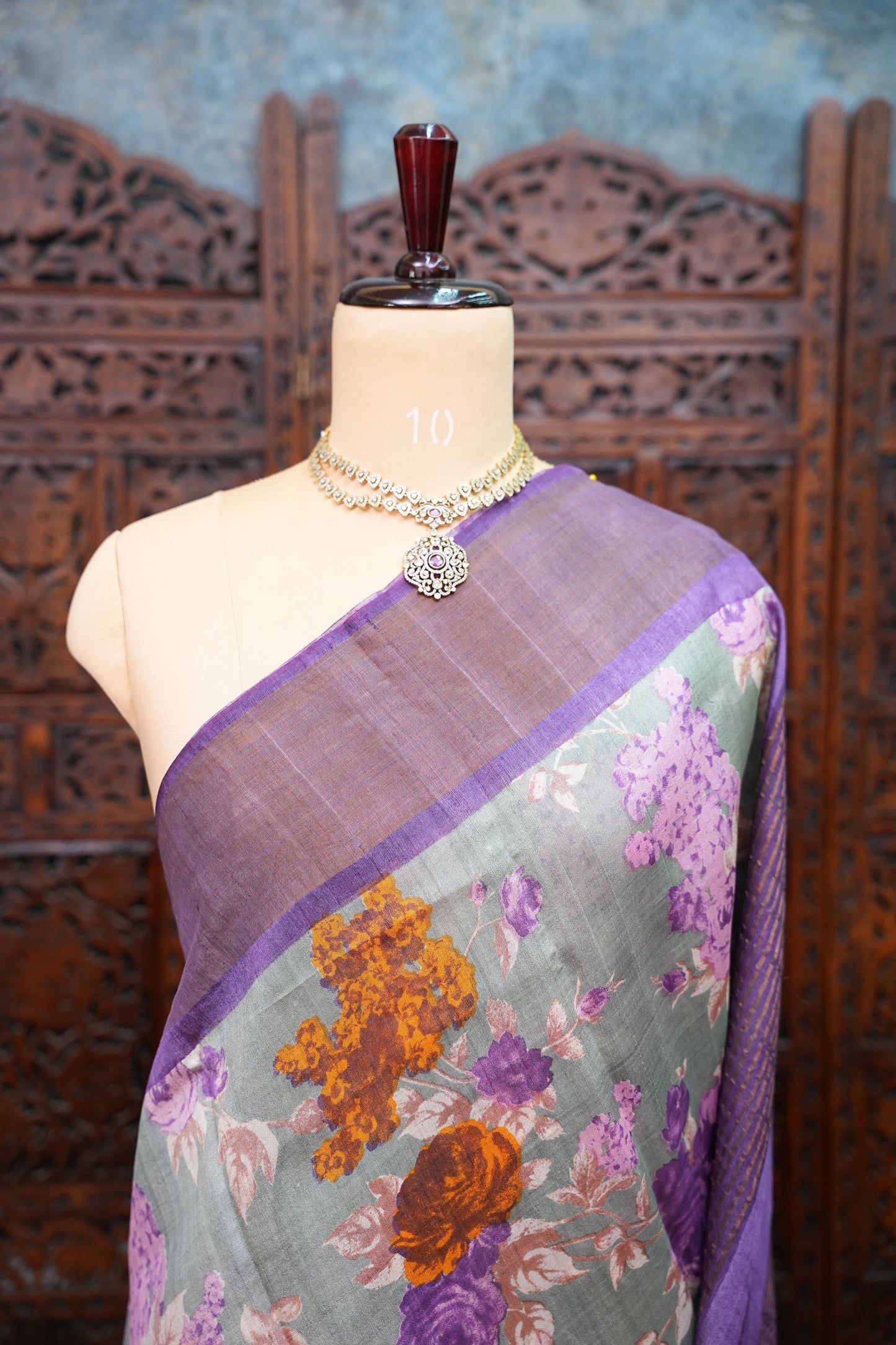 Pure Tussar Silk Saree with Floral Digital Print – Sage Green & Purple | Silk Mark Certified