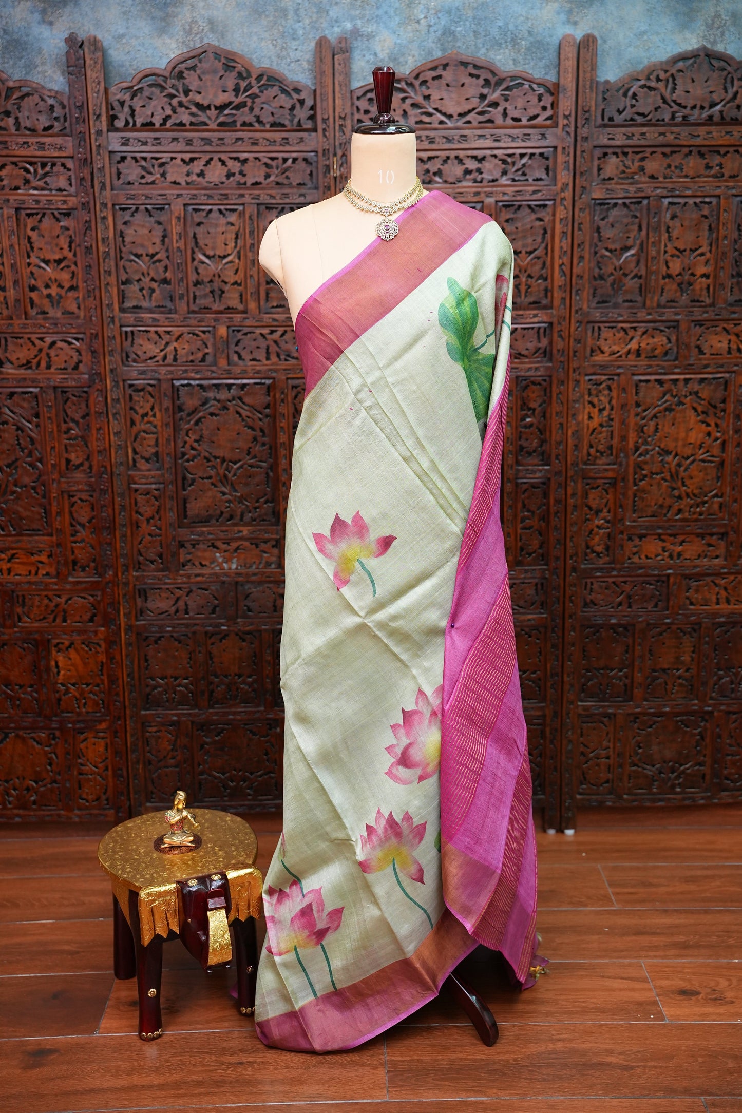 Pure Tussar Silk Saree with Floral Handpainted Print – Mint Green & Magenta | Silk Mark Certified
