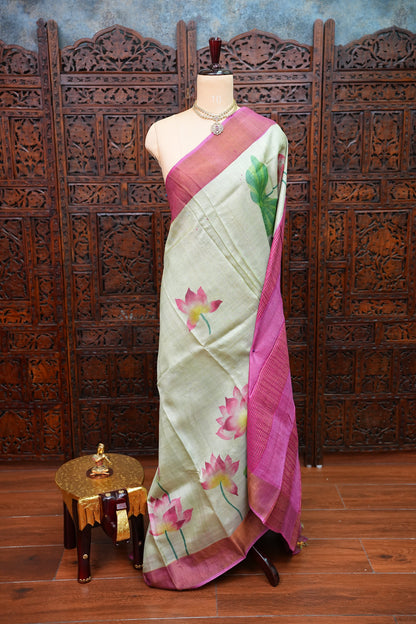 Pure Tussar Silk Saree with Floral Handpainted Print – Mint Green & Magenta | Silk Mark Certified