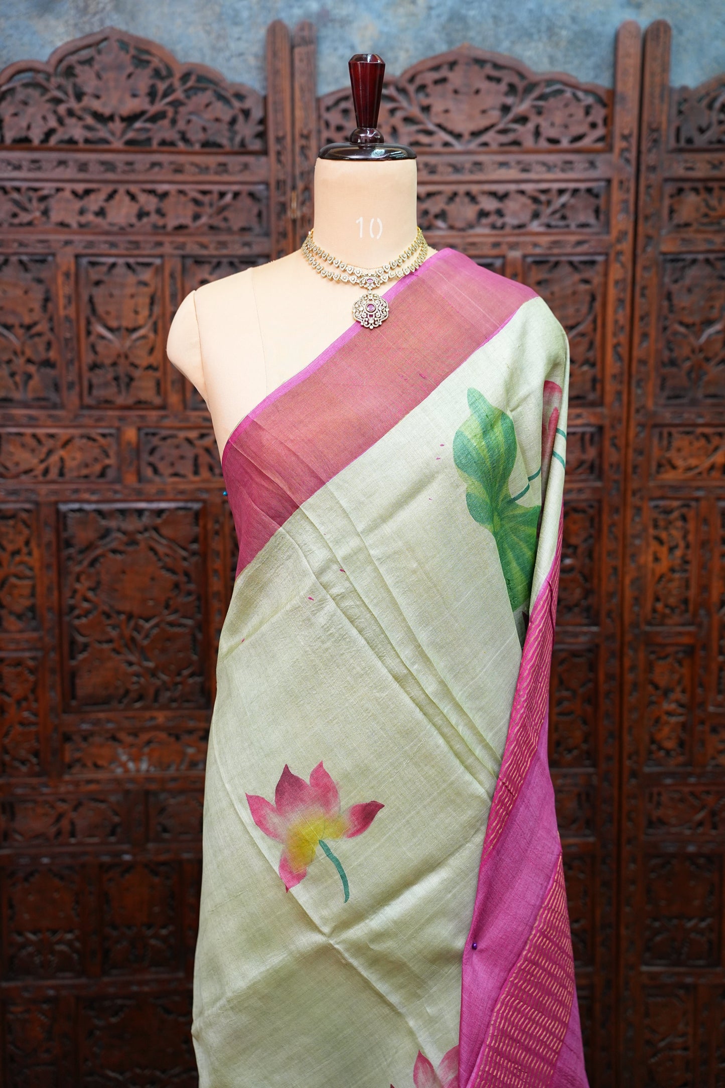 Pure Tussar Silk Saree with Floral Handpainted Print – Mint Green & Magenta | Silk Mark Certified