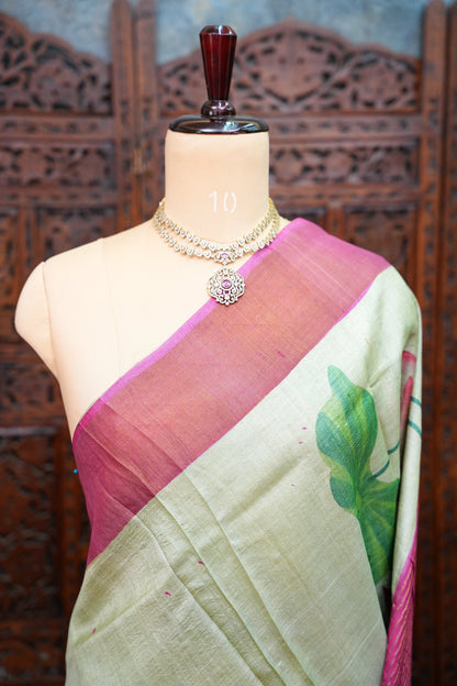 Pure Tussar Silk Saree with Floral Handpainted Print – Mint Green & Magenta | Silk Mark Certified
