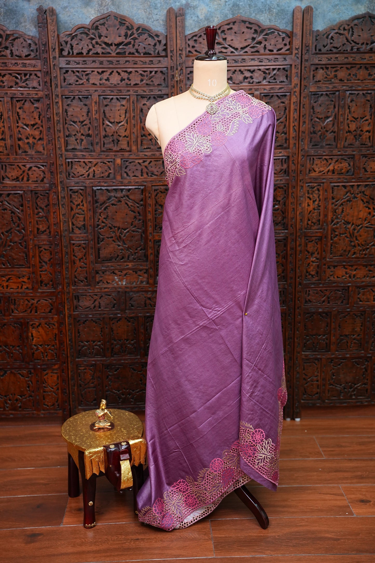 Pure Tussar Silk Saree with Floral Cutwork Embroidered Borders – Purple