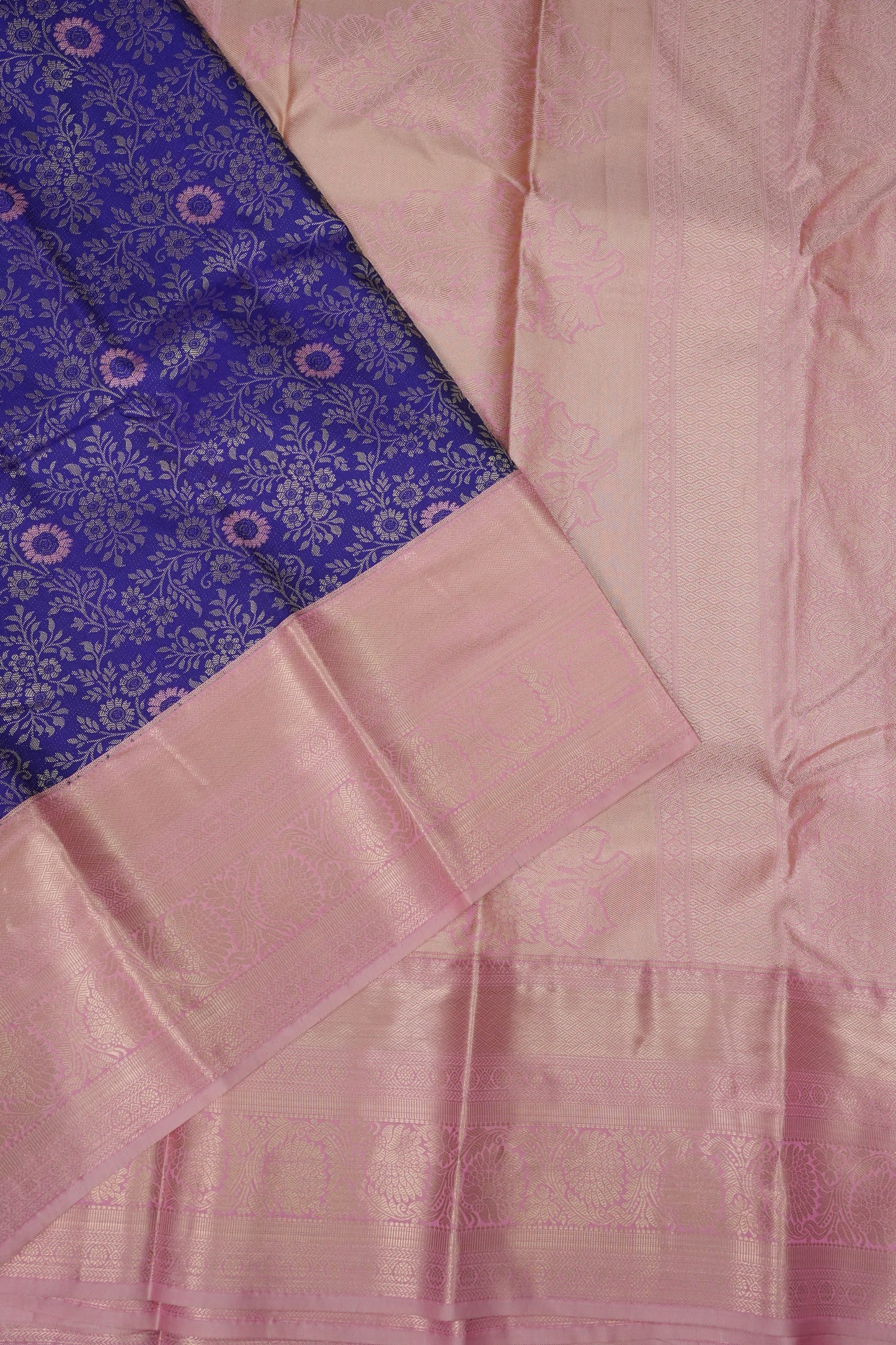 Kanchivaram Semi Silk Saree - Royal Blue with Baby Pink Border