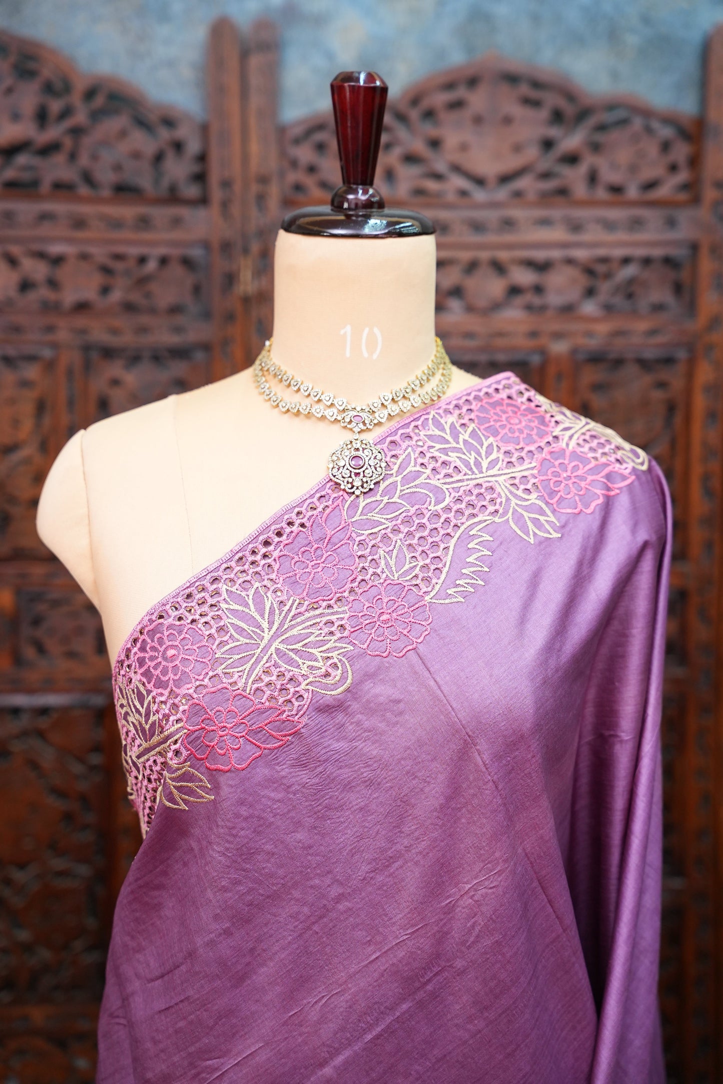 Pure Tussar Silk Saree with Floral Cutwork Embroidered Borders – Purple