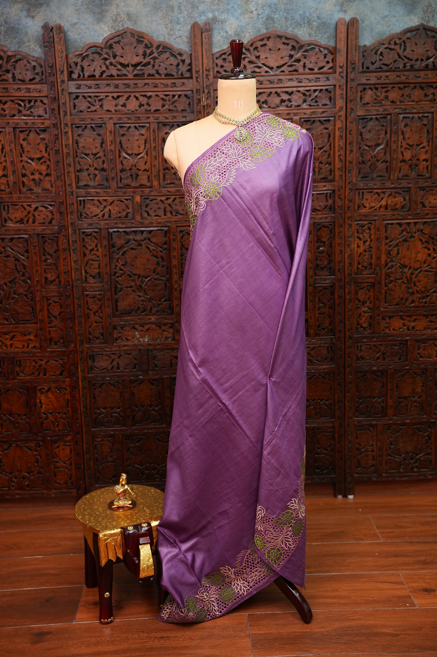 Pure Tussar Silk Saree with Floral Cutwork Embroidered Borders – Purple