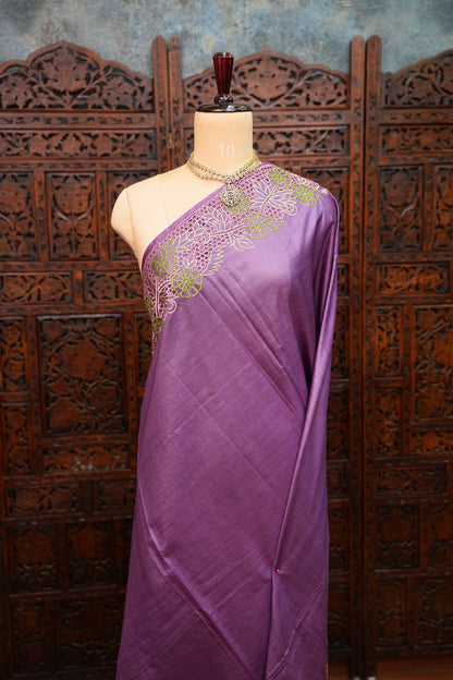 Pure Tussar Silk Saree with Floral Cutwork Embroidered Borders – Purple