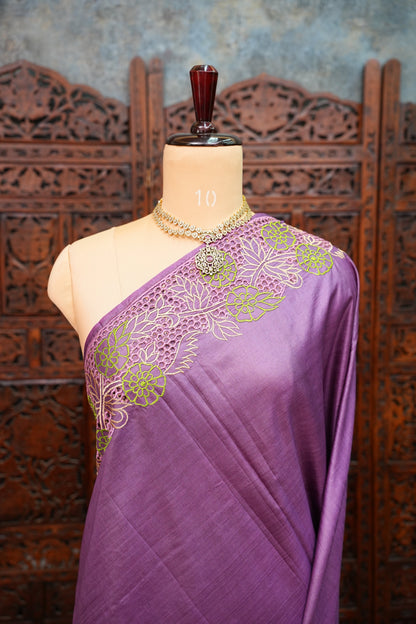 Pure Tussar Silk Saree with Floral Cutwork Embroidered Borders – Purple