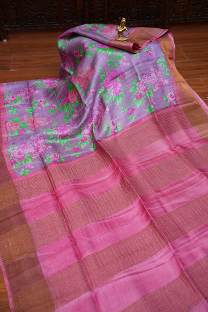 Pure Tussar Silk Saree with Floral Prints | Silk Mark Certified - Lavender & Pink