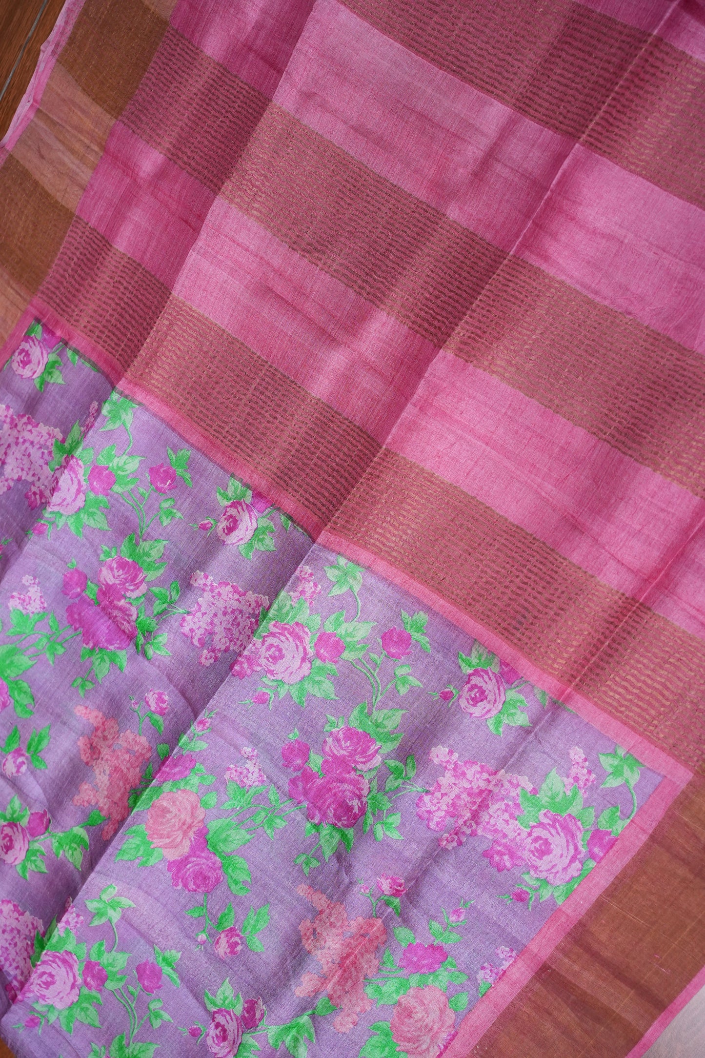 Pure Tussar Silk Saree with Floral Prints | Silk Mark Certified - Lavender & Pink