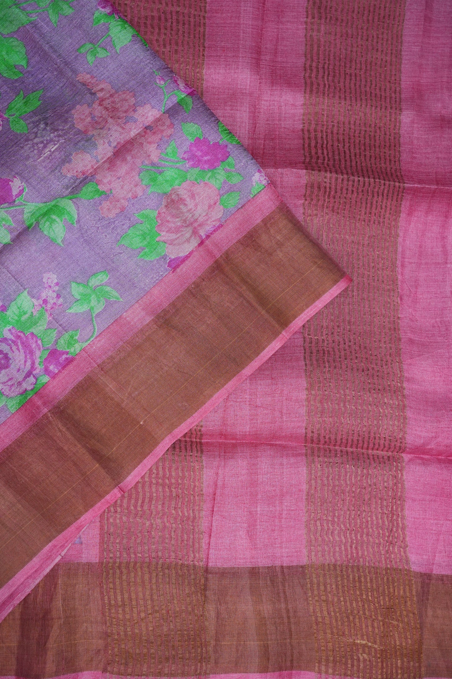 Pure Tussar Silk Saree with Floral Prints | Silk Mark Certified - Lavender & Pink