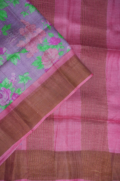 Pure Tussar Silk Saree with Floral Prints | Silk Mark Certified - Lavender & Pink