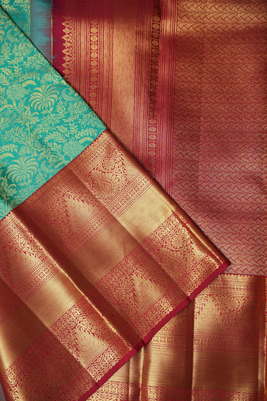 Rama Green & Red Pure Kanchipuram Silk Saree with 1 Gram Gold Zari Weave|Silk Mark Certified