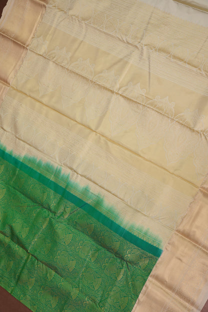 Kanchivaram Semi Silk Saree - Emerald Green with Ivory