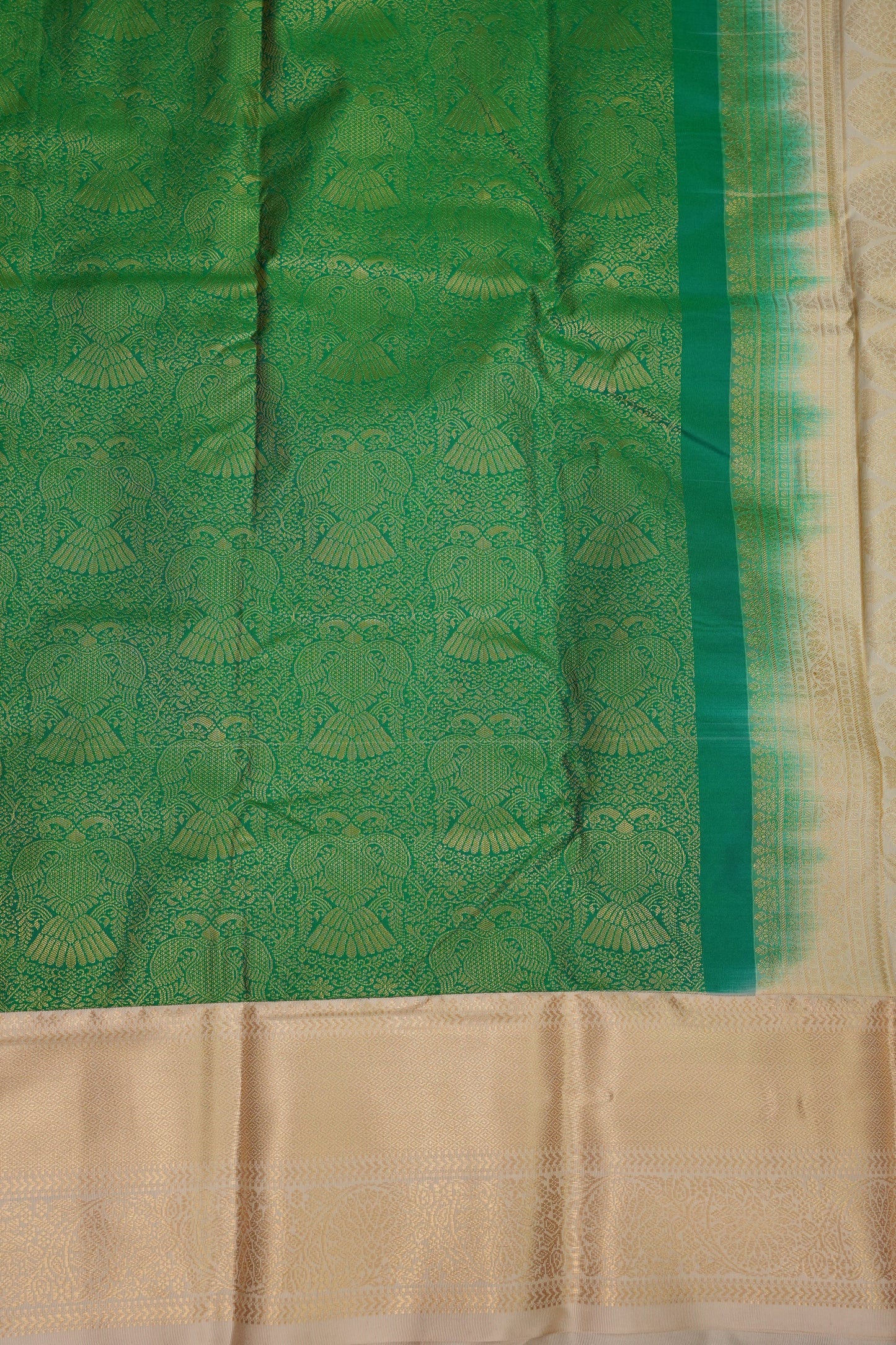 Kanchivaram Semi Silk Saree - Emerald Green with Ivory