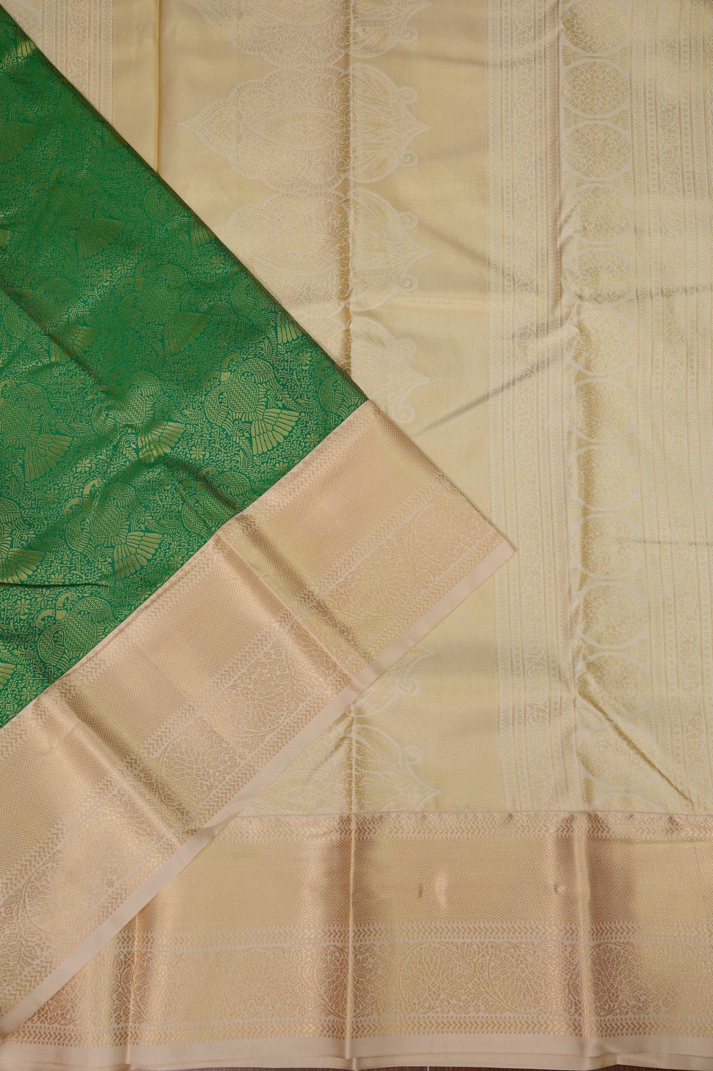 Kanchivaram Semi Silk Saree - Emerald Green with Ivory