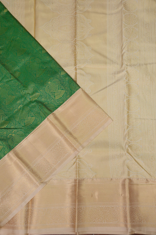 Kanchivaram Semi Silk Saree - Emerald Green with Ivory