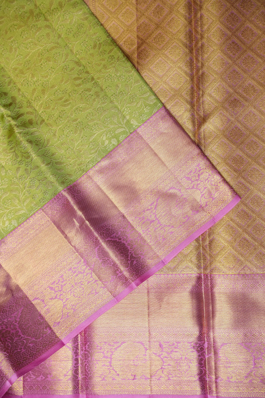 Parrot Green & Pink Pure Tissue Kanchipuram Silk Saree|Silk Mark Certified