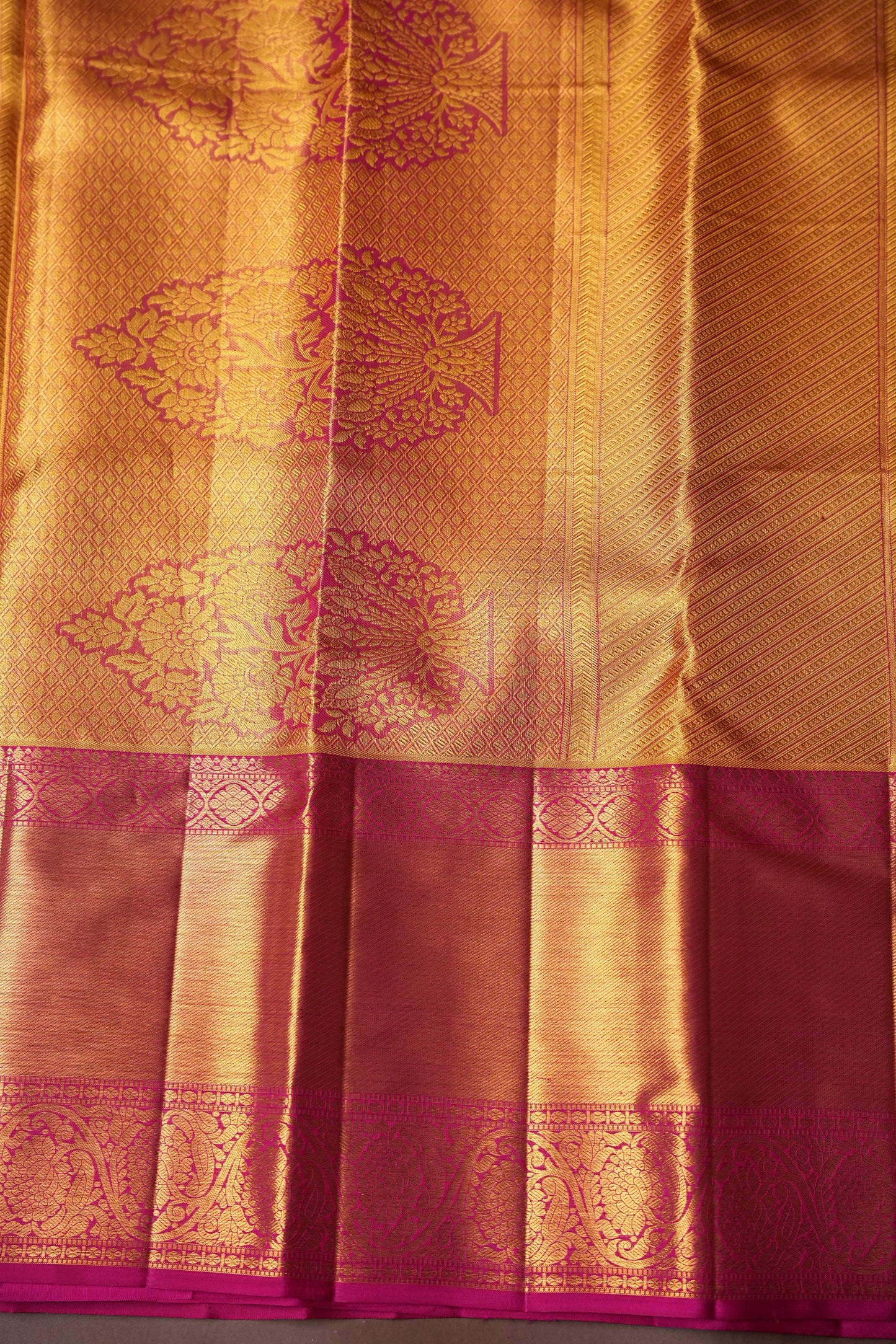 Gold with Pink Pure Tissue Kanchipuram Silk Saree|Silk Mark Certified