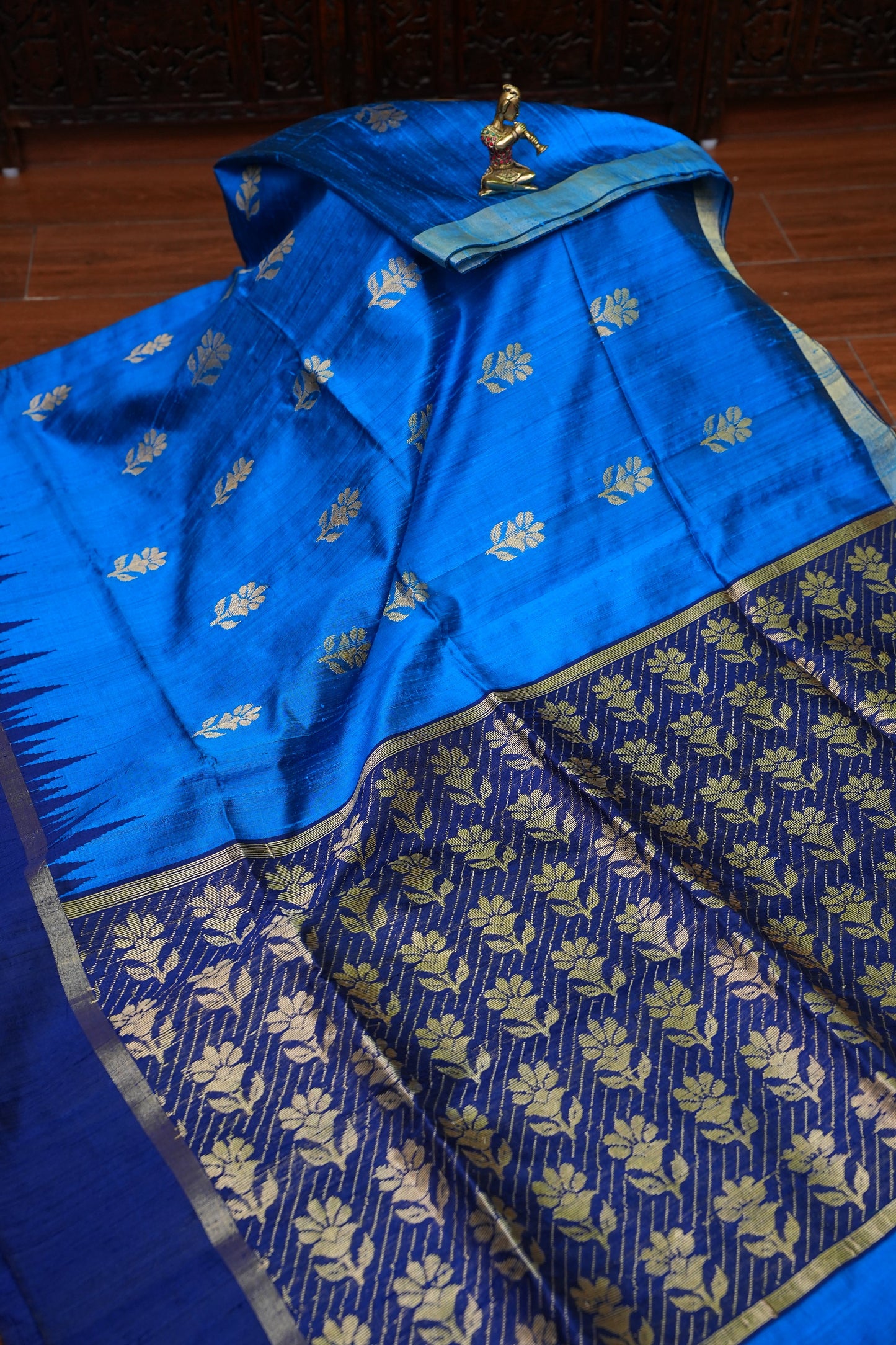 Pure Raw Silk Saree with Gold Buttas & Brocade Pallu – Blue and Navy