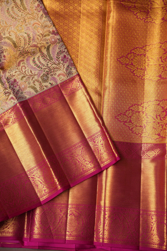 Gold with Pink Pure Tissue Kanchipuram Silk Saree|Silk Mark Certified