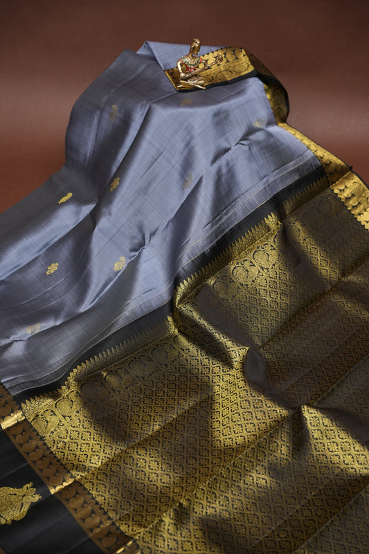 Grey & Black Pure Kanchipuram Silk Saree|Silk Mark Certified