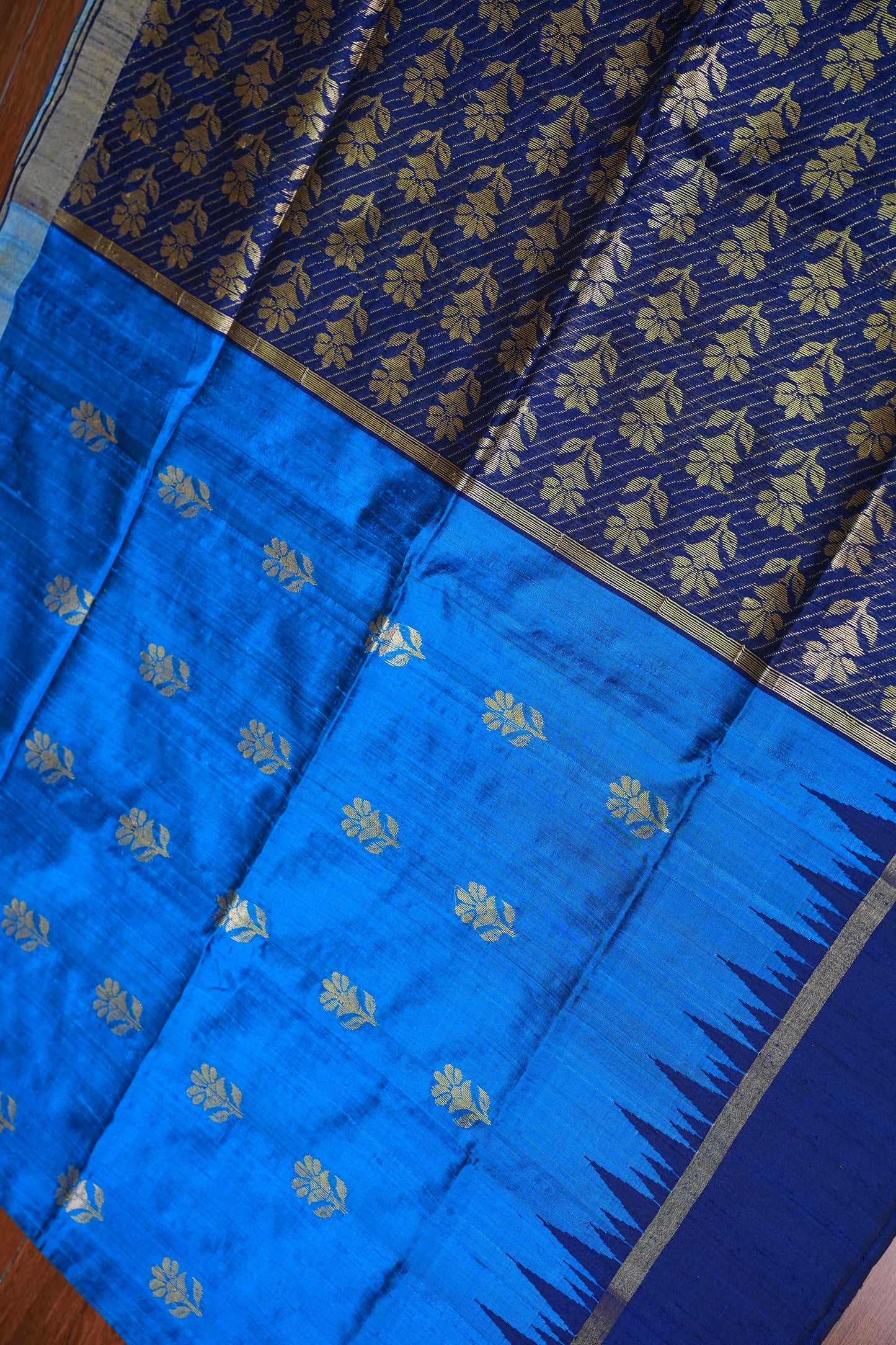 Pure Raw Silk Saree with Gold Buttas & Brocade Pallu – Blue and Navy