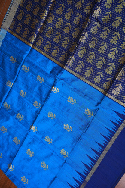 Pure Raw Silk Saree with Gold Buttas & Brocade Pallu – Blue and Navy