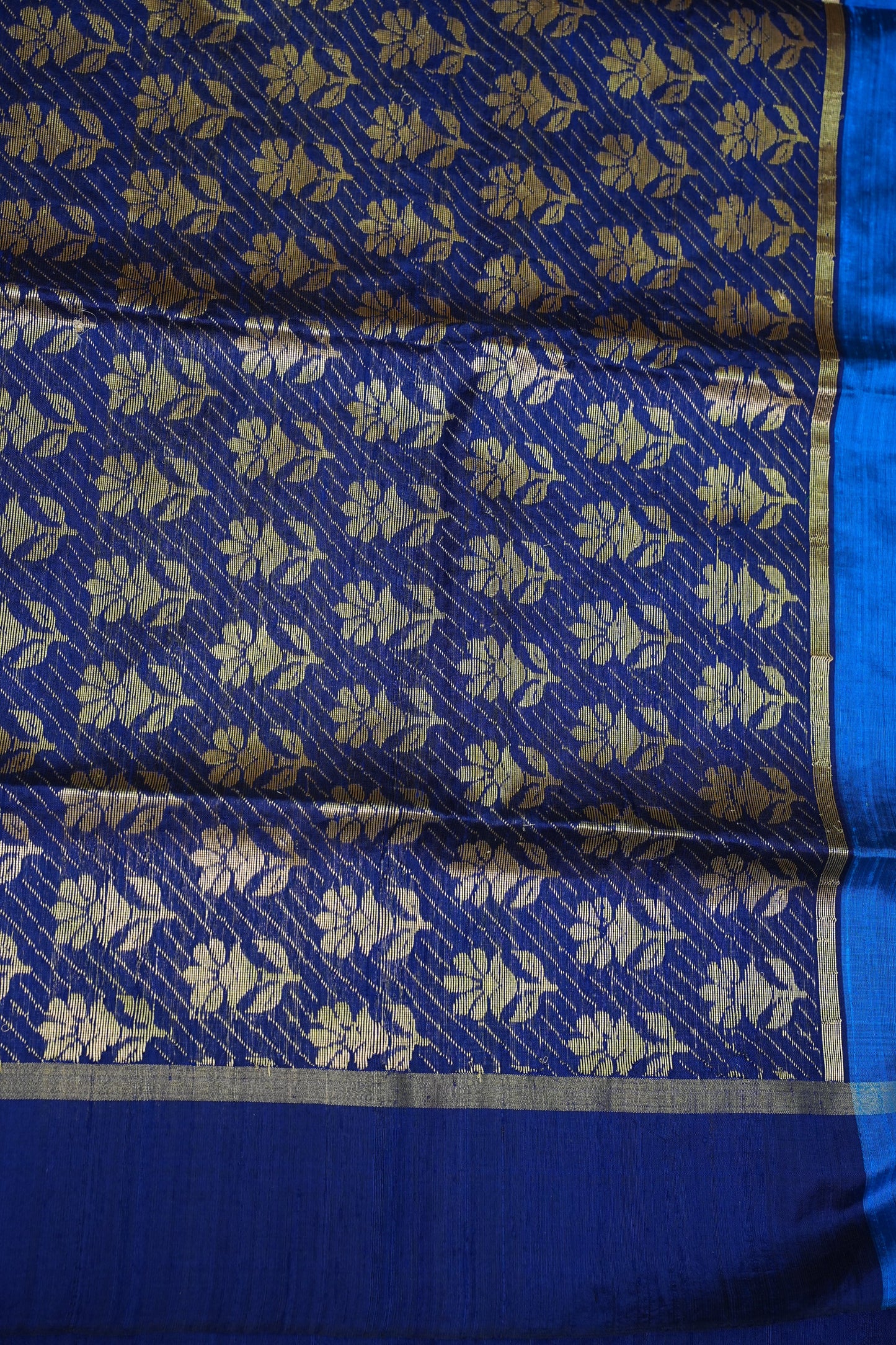 Pure Raw Silk Saree with Gold Buttas & Brocade Pallu – Blue and Navy